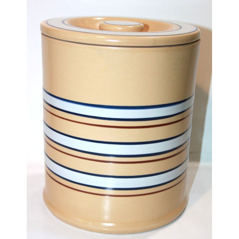 Home Yellow Ware Banded Canister Lid Blue White Stripe Storage Farmhouse 9” - Picture 1 of 9